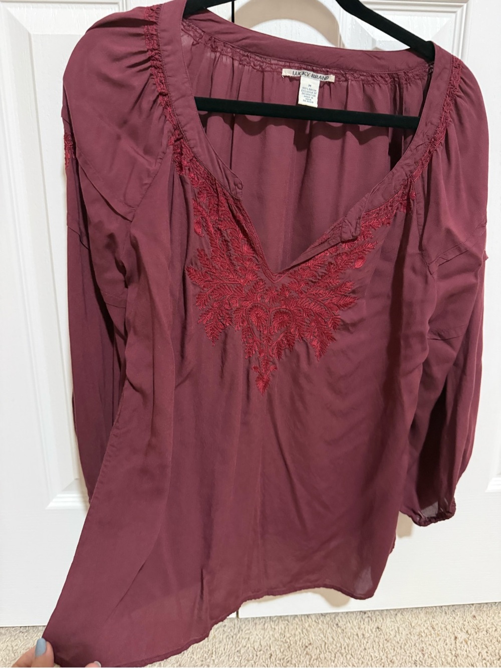 Lucky Brand Women's Embroidered V-Neck Blouse - Burgundy
